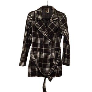 Wrapper Womens Large Black & White Plaid Double Breasted Coat Y2K Outdoor Preppy